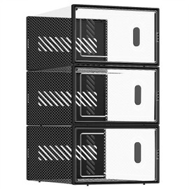 BALEINE 3 Pack Stackable Shoe Storage Boxes Fit Size 9, Thickened Clear Shoe Box Bins with Lids, Plastic Foldable Shoe Rack Organizer Sneaker Storage Containers (Large, Black)