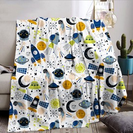Rocket Blanket 130 x 150 cm Space Rocket Blanket Cartoon Rocket Cuddly Blanket Starry Sky Planet Blanket Soft Flannel Sofa Blanket Space Rocket for Children Boys (A, 130 x 150 cm)