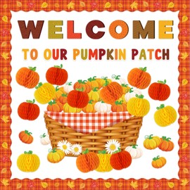 JarThenaAMCS 79Pcs Fall Bulletin Board Decoration Set Autumn 3D Pumpkin Basket Honeycomb Balls Cut-Outs Welcome to Our Patch Border Trims for Thanksgiving School Nursery Chalkboard Party Decor DIY