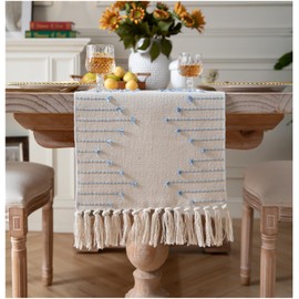 Caflife Boho Table Runner 13 x 108 Inch Long Natural Cotton Woven Runner with Tassels for Home Dining Table décor, for Modern Farmhouse Decor Coffee Table Runner, Light Blue and Beige