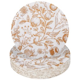 48Pcs Fall Floral Paper Plates Gold Flowers Birds and Fruits Paper Dessert Plates Vintage 9" Disposable Round Plate for Thanksgiving Harvest Birthday Baby Shower Party Supplies