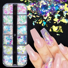 Mermaid Flakes Nail Glitter Sequins, GZMAYUEN Iridescent Ice Slag Colourful Fluorescent Glass Paper, Nail Stickers, Holographic Nail Glitter for Makeup, DIY Nails