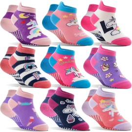 Welwoos Toddlers Baby Girls Grips Socks Kids Ankle Unicorn Non Slip Anti Skid Grippers Funny Gifts Cotton No Show Socks 9 Pairs (Purple Rosa Pink, 5-8 Y)