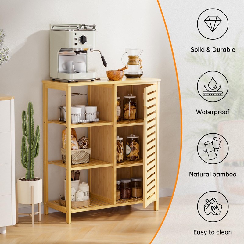HITNET Bathroom Floor Cabinet, Bamboo Storage Cabinet with Door and