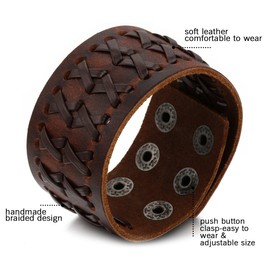 Oidea Men's Leather Bracelet Set (3 Pieces) Punk Rock Style 3.5 cm - 4.1 cm Wide Large Braided Handmade Cuff Cord Chain Popper Bangle Bracelet Alloy, Brown Silver