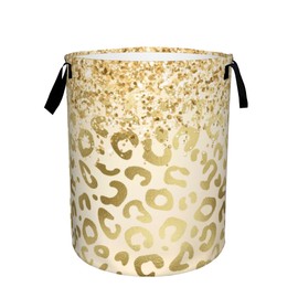 Gold Leopard Print Laundry Basket,Sequins Glitter Foldable Laundry Hamper Waterproof Oxford Cloth Tote Bag,Clothes Storage Bucket Decorative Toy Organizer For Bathroom Bedroom 16" x 20"