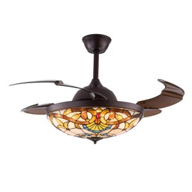 LIYUANJUN Retractable Ceiling Fan, 42 Inch Ceiling Fan with Light Remote Control 3 Speeds Dimmable LED Chandelier for Living Room Bedroom Hotel Retractable Blades Pure Copper Motor