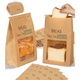 Perenllareta Heavy Duty Natural Kraft Paper Bread Bags with Window, 50 Pack Homemade Sourdough Gift Bags, BPA-Free Food Grade Greaseproof Lining, Large Flat Bottom, Tin Tie Tab Lock (Brown)