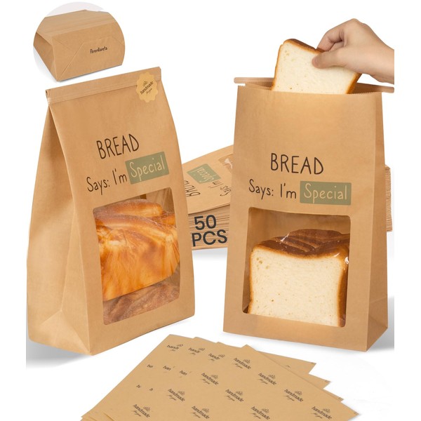 Perenllareta Heavy Duty Natural Kraft Paper Bread Bags with Window,