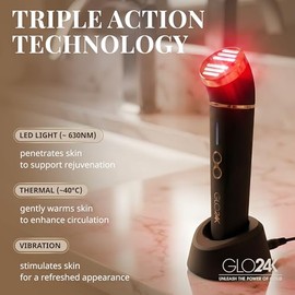 GLO24K - Dispositivo de belleza para rejuvenecimiento de la piel, basado en LED de triple acción, térmica, tecnologías de vibración. Tratamiento antie