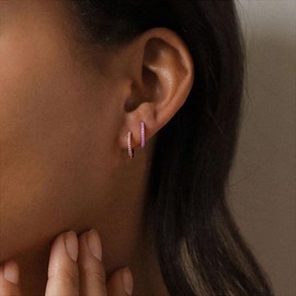 Birthstone Earrings For Women, 14k Plated Gold Mini Birth Stone CZ Huggie Hoop Stainless Steel Rhinestone Minimalist Birthday Gift Jewelry, MINI, Cubic Zirconia, No Gemstone