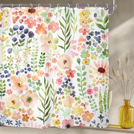 Riyidecor Green Yellow Floral Shower Curtain for Bathroom Decor 72Wx72H Cute Colorful Kids Girly Spring Botanical Natural Plants Flower Art Printed Fabric Polyester Waterproof 12 Pack Plastic Hook