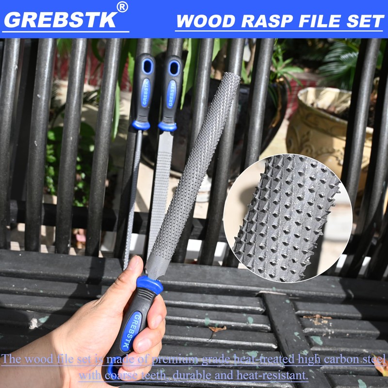 GREBSTK 12 inch Wood Rasp File Set with Rubber Grip