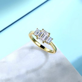 1.6 CTW Three Stone Emerald Cut Moissanite Engagement Ring S925 Sterling Silver with Tapered Baguette Side Stones Fine JewelryColor: 14K Gold Plated, Ring Size: 8#