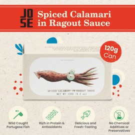 Spiced Calamari in Ragout Sauce by Jose Gourmet, Canned Squid Sauce, Wild Caught Portuguese Calamari, Vitamin Rich Low Calorie Seafood, 125g Can, Pack of 3 1 Count (Pack of 3)