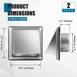 Gisafai 2 Pcs 6" Dryer Vent Cover Outdoor Walls Dryer Exhaust Vent Cover External Dryer Vent Cap Stainless Steel Outside Dryer Vent Hood Cushioned Non Return Flap with Sealing Gasket Grille Screen