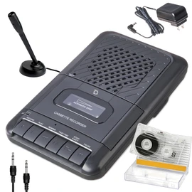 Portable Cassette Player Tape Recorder. Record to Cassettes via Mic or Aux in. Built-in Speaker to Listen to Cassettes. Includes External Mic, Aux in Cable and AC Adapter