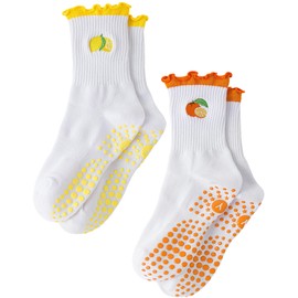 Pilates Socks for Women and Girls Ruffle Grip Yoga Long Grip Socks Non-Slip Cotton Crew Reformer Stopper Socks for Home Dance Trampoline Ballet Fitness Hospital, 2 Pack Yellow + Orange, One size fits