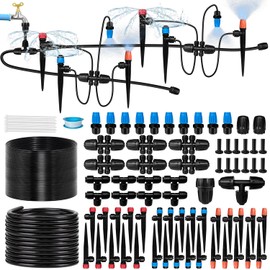 230FT Drip Irrigation System for Garden with 40 Nozzles & Emitters, Ponds Water Feature Kit with 1/2" & 1/4" Tube and Barbed Fittings - Adjustable Sprinklers Kit for Greenhouse, Lawn, Raised Bed
