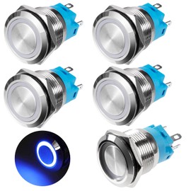 GUNGY Pressure Switch Waterproof 19 mm Button LED Switch 12V-24V 3A Locking Push Button Switch Brass 5 Pin with Blue Ring LED Light for Car Boat Motorcycle Pack of 5