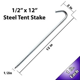 Moose Supply Steel Tent Stakes - Heavy-Duty Ground Stakes, Metal Stakes for Commercial Inflatables, Outdoor Camping Canopy, Fence, Garden Tent, Tent Accessories, 1/2" Diameter x 12" Length, 25-Pack