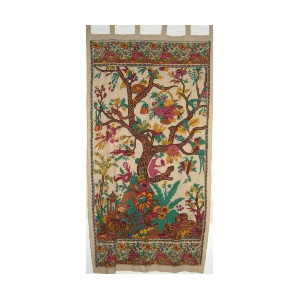 Tree of Life Tab Top Curtain-Drape-Door Panel-Cream by India Arts