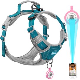ThinkPet No Pull Harness for Small, Medium, Large Dogs with Airtags Holder Reflective Dog Harnesses with Dog QR Code Smart ID Tag Airtags Holder Harness Back/Front Clip for Easy Control Star Teal XL