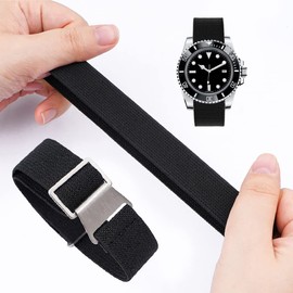 60's French Troops Parachute Special Elastic Nylon Watch Band Man's Universal Hook-and-Loop Nylon Strap 20/21/22mm (22mm, Black)