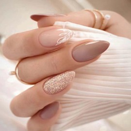 YoYoee Short Nude Nails Tips French False Nails Almond Press on Nails Full Cover Glitter Fake Nails for Women and Girls 24PCS