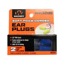 Walker's 32dB NRR Noise-Blocking ANSI S3.19 Hearing Protection Shooting Hunting Work Soft Comfortable 23" PVC Corded Foam Earplugs, 2 Pairs & Carrying Case