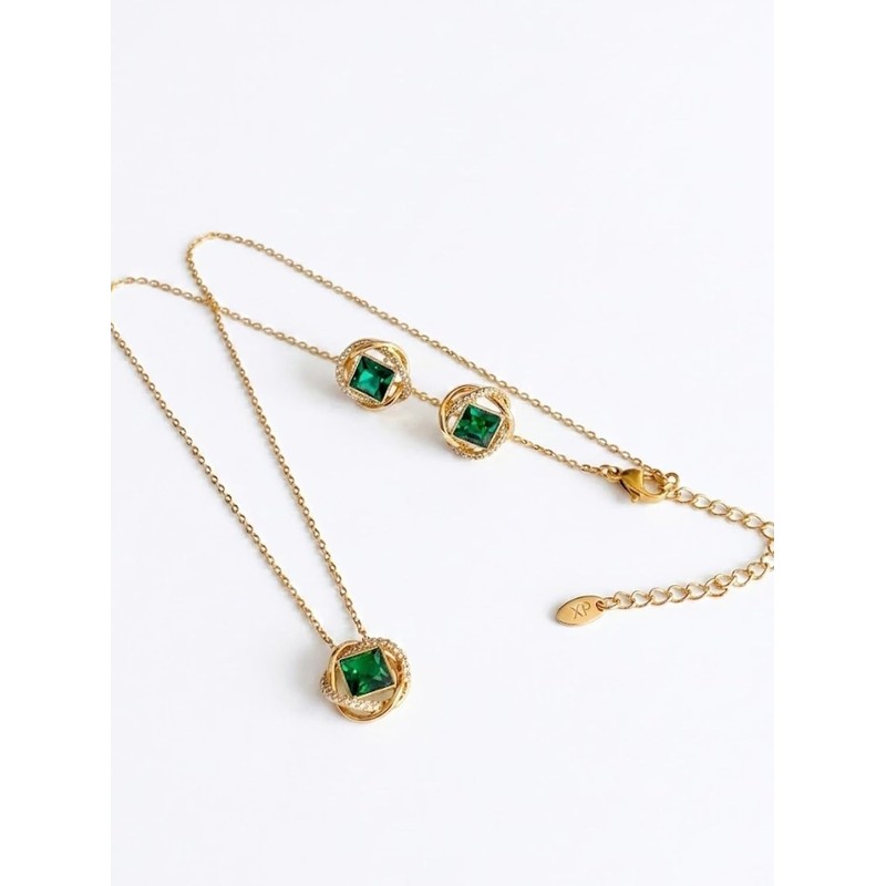 Juego de aretes y collar circular cuadrado
