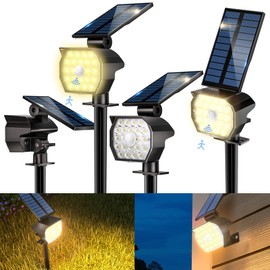 Solar Lights for Outdoor Garden with Motion Sensor, Pack of 4 IP65 Waterproof Solar Spotlights for Outdoor Use with 2-in-1 Auto On/Off, 3 Modes, 3000 K Warm White Adjustable Panel Solar Lights for