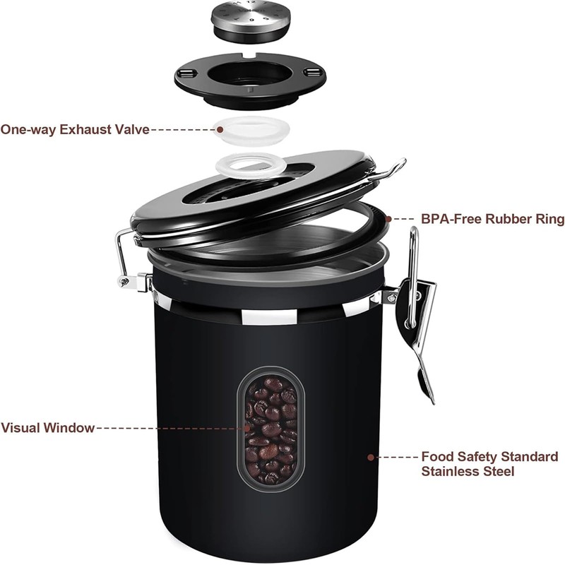 EZKOXAH Airtight Coffee Beans Canister, Stainless Steel Container with 30