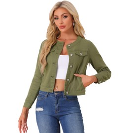 Allegra K Women's Denim Jacket Collarless Round Neck Button Down Long Sleeve Jean Jackets Medium Army Green