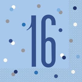 Unique 83554 Blue Polka Dots 16th Birthday Luncheon Napkins Disposable Pcs, Age 16
