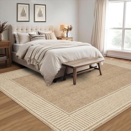 GarveeHome Bordered Rug 4x6 Washable Rug for Living Room Modern Striped Border Area Rug Non Slip Low Pile Dining Room Throw Carpet Contemporary Carpet for Entryway Kitchen Nursery, Khaki