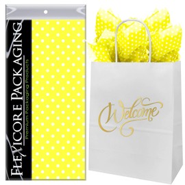 Flexicore Packaging White Kraft Paper Welcome Bags & Yellow Gift Wrap Tissue Paper | Size: 8 Inch X 4.75 Inch X 10.5 Inch | Count: 5 Bags | Color: Yellow Polka Dot