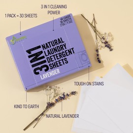 60 Loads Natural Laundry Detergent Sheets - All Natural Biodegradable And Dissolvable Washing Machine Dry Soap Laundry Detergent Strips, Mess Free, Eco Friendly, 30 Sheet Pack (Calm Lavender)