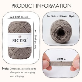 NICEEC 2 Skeins Soft Tape Yarn, Easy Crohcet Raffia, Crochet & Knitting, Paper Ribbon Yarn for DIY Craft Gift Wrapping Total Length 1.76oz×2/109yds×2 - Grayish Brown