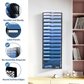 DALTACK Wall File Holder 16 Tier Hanging Wall File Organizer, for Papers Mails Folders Clipboard Magazine Organization for Office Home, Mesh Metal, Assembly Needed, Black