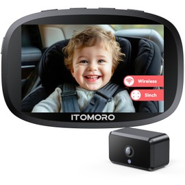 Itomoro Wireless Baby Car Camera, Rechargeable Car Baby Monitor with 5" HD 1080P Night Vision Display, Backseat Camera for Kids Max Range 1000FT, Easy Installation 360° Rotatable Rear Facing Mirrors