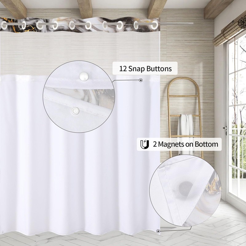 MitoVilla No Hooks Needed Marble Shower Curtain Set with Snap-in