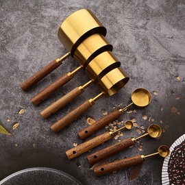 Gold Stainless Steel Measuring Cups and Spoons Set with Wooden Handles – 8-Piece Baking & Coffee Measuring Tool Kit for Kitchen Accuracy