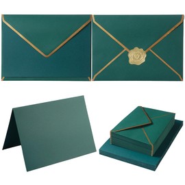 50 Pack A4 Envelopes with 4x6 Folded Cards and Gold Stickers, 4x6 Gold Envelopes for Office, Wedding, Invitations, Graduation, Baby Shower (Dark Green, 4x6)