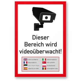 Komma Security Area Video Surveillance Sign Multilingual 20 x 30 cm - Achtung Vorsicht Videoüberwachung - Warning Sign Video Surveillance - Warning Sign Video Surveillance
