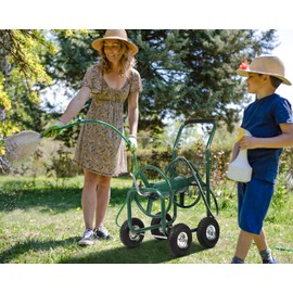 Garden Hose Reel Cart with Wheels, Heavy Duty Hose Cart Holds 300-Feet of 5/8-Inch Hose Water Hose Reel Cart Outdoor Water Planting Truck for Garden & Yard, Durable Powder Coat Finish, Green