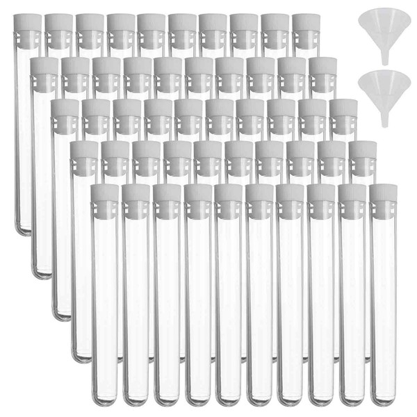 Lainrrew 50 Pcs Test Tubes, Clear Plastic Test Tubes with Caps & 2 Funnels for Scientific Experiments, Candy Beads Sample Storage, Kids Party Supplies, Halloween, Christmas (13 x 75mm)