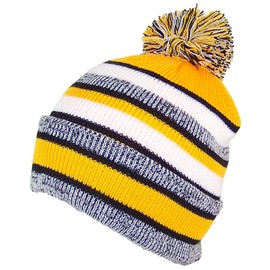 Best Winter Hats Quality Striped Variegated Cuffed Beanie W/Large Pom (L/XL) - Black/Gold