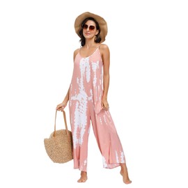 BUENOS NINOS Women's V Neck Floral Wide Leg Pants Boho Printed Adjustable Spaghetti Strappy Long Jumpsuit with Pockets Tie Dye Pink Jumpsuit XXL