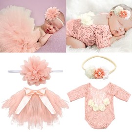 4 PCS Newborn Photography Props Outfits-BabyTutu Skirt Cute Bow Headdress and Lace Rompers Flower Headband Sets for Infants Girl Boy